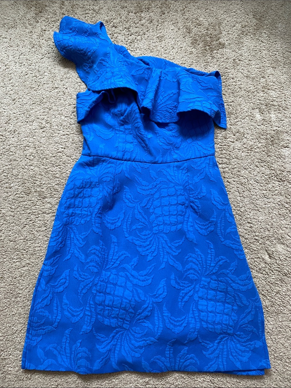 One-Shoulder blue Textured Dress with Ruffle